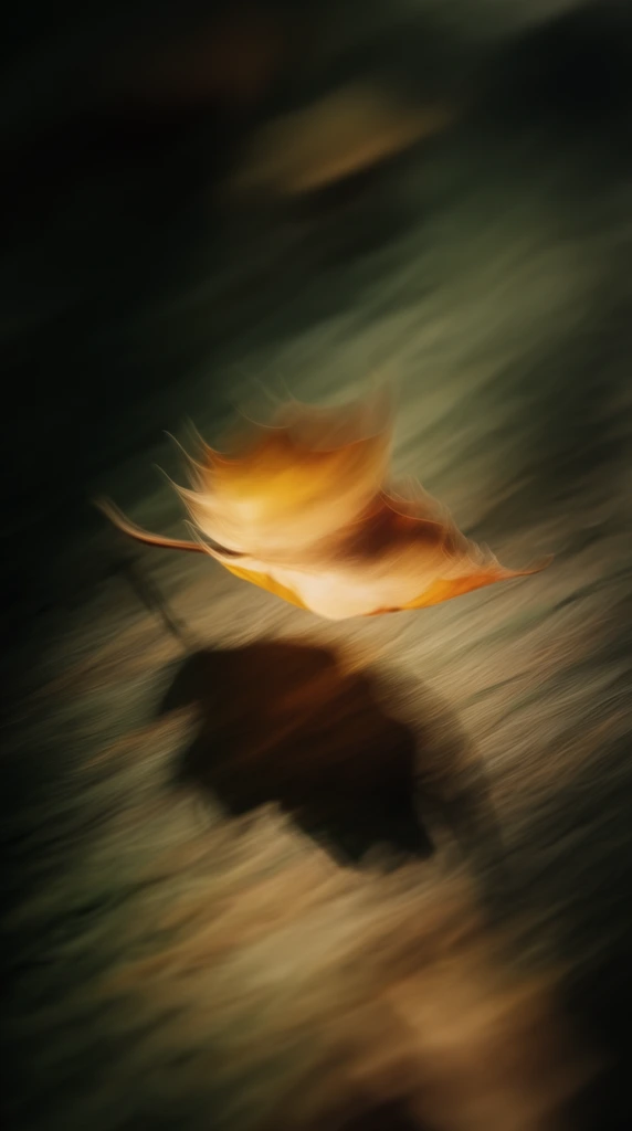 A single autumn leaf floats above a surface with a dark shadow cast below, the entire scene captured through an extreme, sweeping directional motion blur that transforms the composition into a fluid, painterly abstraction. The hovering leaf, rendered in luminous amber and gold, is heavily distorted by dynamic, curving streaks that drag diagonally across the frame, softening its physical edges into fine, flowing trails. Below it, the cast shadow appears as a deep, diffused pool of dark brown, similarly pulled and stretched by the heavy motion effect. The surrounding surface and background are a continuous swirl of deep forest greens, olive, and warm ochres, composed entirely of smooth, unbroken lines of blurred light and shadow resembling fine brushstrokes. High-contrast, chiaroscuro lighting illuminates the vibrant core of the floating leaf against the intensely dark, streaked environment, replicating an in-camera long exposure pan or intentional camera movement technique that wraps the entire frame in a dynamic, organic texture.