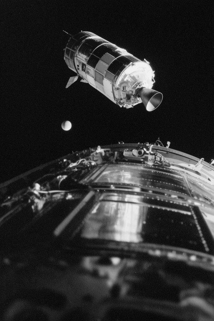 A high-contrast monochrome photograph captures a cylindrical spacecraft floating in a deep black void above the curved hull of another vessel. The softly blurred foreground features a heavily shadowed, metallic surface dominated by reflective panels and intricate mechanical details. High above, a sharply illuminated module with a conical thruster drifts against the absolute darkness. A small, luminous spherical planet hangs suspended in the distant background. The stark black-and-white rendering, noticeable film grain, and harsh directional lighting evoke the gritty realism and profound isolation of vintage space exploration photography.