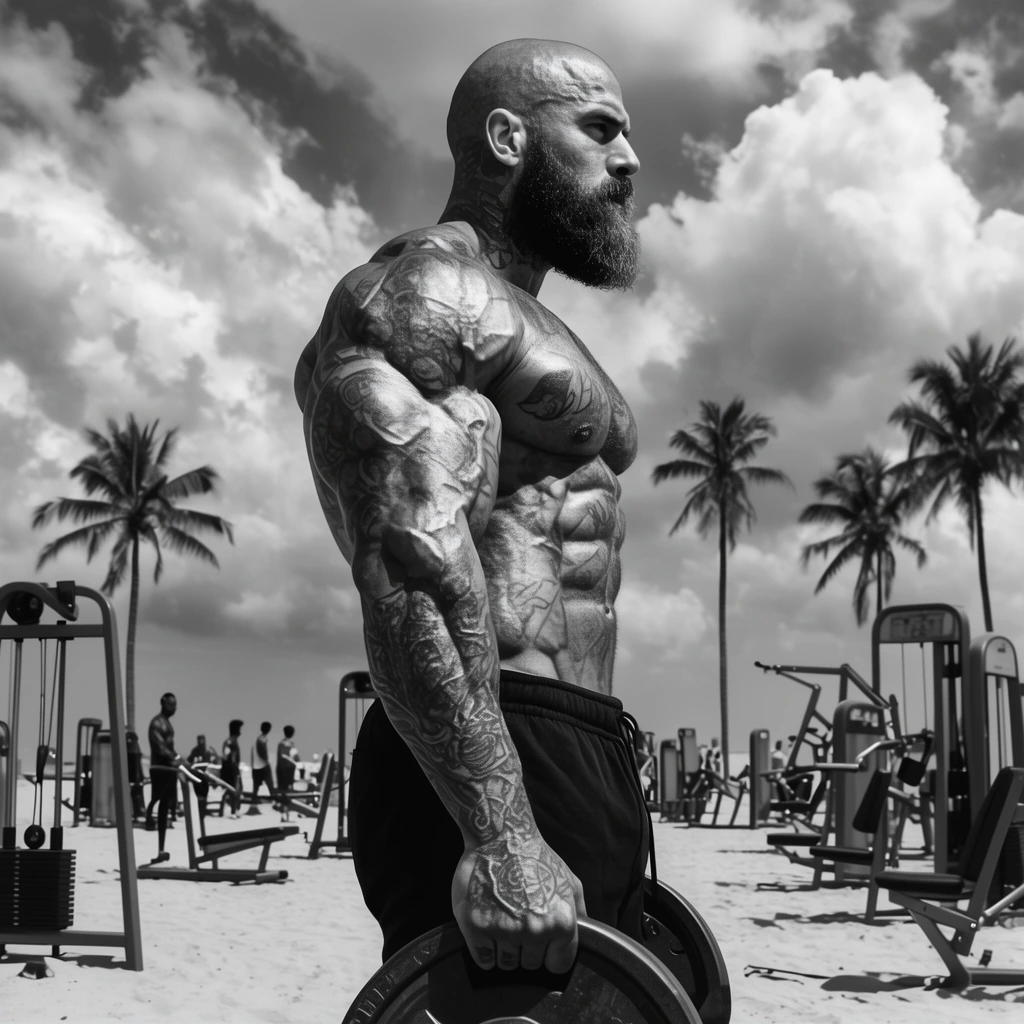 A heavily tattooed, muscular bald man with a thick beard stands in profile holding a weight plate at an outdoor beach gym. High-contrast black-and-white photography highlights his intensely sculpted physique against scattered workout machines, distant figures, tall palm trees, and expansive dramatic cumulus clouds.