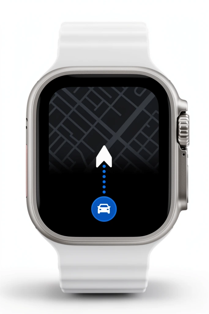 A close-up studio render of a rugged smartwatch featuring a matte metallic silver rectangular case, rounded edges, a prominent ridged rotating crown, and a bright white silicone strap with subtle horizontal ridges. The deep black digital display showcases a minimalist navigation interface containing a dark gray street map graphic, a crisp white directional turn arrow, and a blue dotted route connecting to a circular blue car icon. Centered against a pristine white background, the modern wearable device casts a soft, diffused drop shadow directly beneath it. Clean, bright studio lighting emphasizes the smooth metallic finish, the vibrant high-contrast screen, and the crisp hyper-realistic product photography aesthetic.
