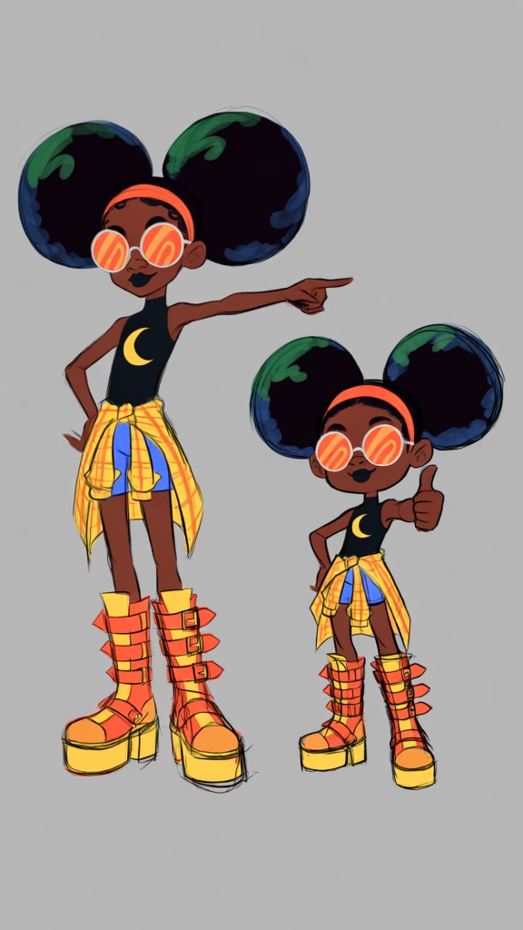 Three stylized character designs of a young Black girl with large afro puffs and round sunglasses are depicted in various poses and colorful outfits against a plain gray backdrop. On the left, a tall, slender version of the character wears an orange headband over her black hair, which is styled in two large circular puffs accented with bright green and blue streaks. She wears orange-tinted circular glasses with spiral patterns, a black sleeveless top featuring a yellow crescent moon, and a yellow and orange plaid shirt tied around her waist over blue shorts. Her outfit is completed by tall orange and yellow platform boots with multiple buckles, and she stands with one hand on her hip while pointing her other hand toward the right. In the center foreground, a shorter, more compact version of the character gives a thumbs-up. She wears a pink visor over her buns which have orange streaks, yellow-tinted round glasses, and a light pink quilted jacket over her black moon shirt. This version wears frayed denim shorts, orange and black striped stockings, and tan platform boots with yellow toes and buckles. On the right, another tall version of the character holds two thin wooden sticks in one hand while resting her other hand on her hip. She wears a pink visor with a yellow pencil tucked into the side, orange glasses, and a yellow vest over her moon shirt. Her pants are oversized, light blue wide-leg jeans with large brown patches and pink-soled platform shoes. A white stylized signature "EN '19" is located in the bottom right corner, enclosed within a thin white circle. The illustration style features bold black outlines, flat colors with minimal shading, and expressive, exaggerated proportions.