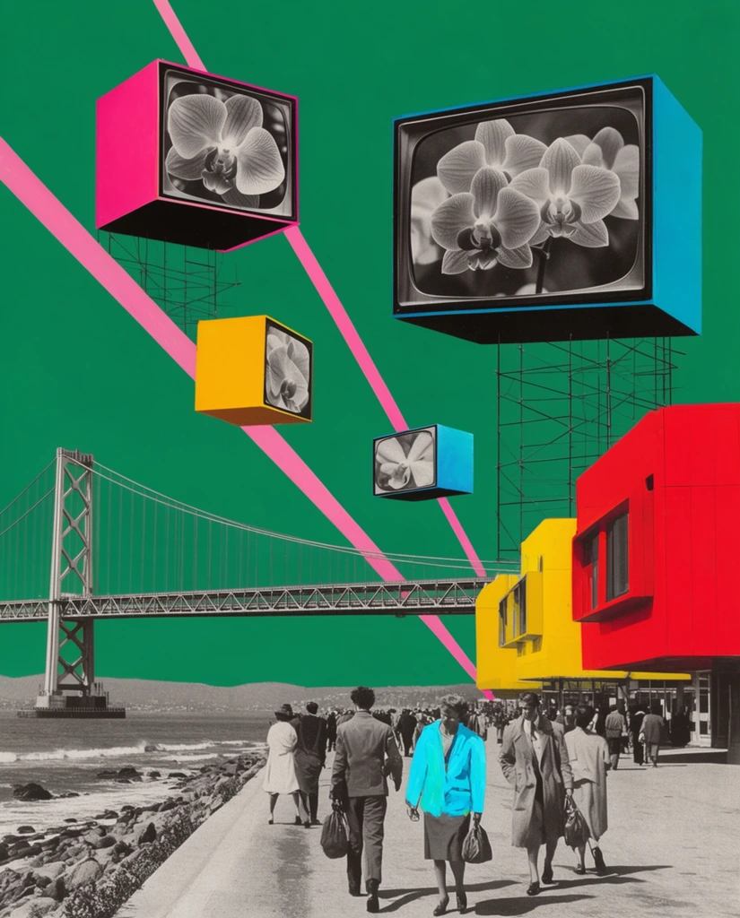 A pop-art mixed-media collage blending vintage monochrome photography with bold flat colors. A black-and-white foreground cutout of a coastal promenade features walking pedestrians, with one jacket painted vibrant cyan. A monochrome suspension bridge spans the midground alongside bright red and yellow modular architectural pods. Against a flat emerald-green sky pierced by sharp pink diagonal beams, floating neon cubes and vintage screens display monochrome close-ups of blooming orchids. Delicate black scaffolding suspends the floating elements, creating a retro-futuristic contrast between the photorealistic ground and the graphic, hyper-saturated sky.