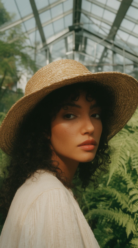 Cinematic close-up portrait, dark curly-haired woman in wide-brimmed straw hat, modern greenhouse background, lush ferns, warm lighting, 35mm film grain