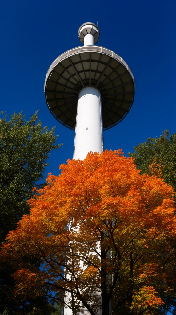 tall white cylindrical observation tower with a circular platform, rising above vibrant autumn trees, orange and green foliage, deep blue sky, low angle shot