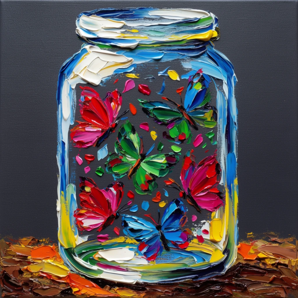 A heavy impasto oil painting of five butterflies and specks inside a glass jar resting on rough ground, constructed entirely from thick, sculptural, highly expressive brushstrokes. The glass jar's structure is defined by sweeping, unblended palette knife streaks of stark white, cerulean blue, and bright yellow forming glossy, raised ridges on the canvas. Inside the jar, the five butterflies take shape through dense, tactile dabs and energetic swoops of vivid crimson, magenta, emerald green, and deep blue paint, surrounded by thick, raised specks of pure, unmixed color. The rough ground beneath the jar features jagged, chaotic smears of heavily textured brown, fiery orange, and yellow ochre oil paint. The central, highly saturated subjects contrast sharply against a stark, flat, dark charcoal-gray background, emphasizing the intense, buttery peaks and three-dimensional valleys of the vibrant, glossy expressionist paint application catching the light.