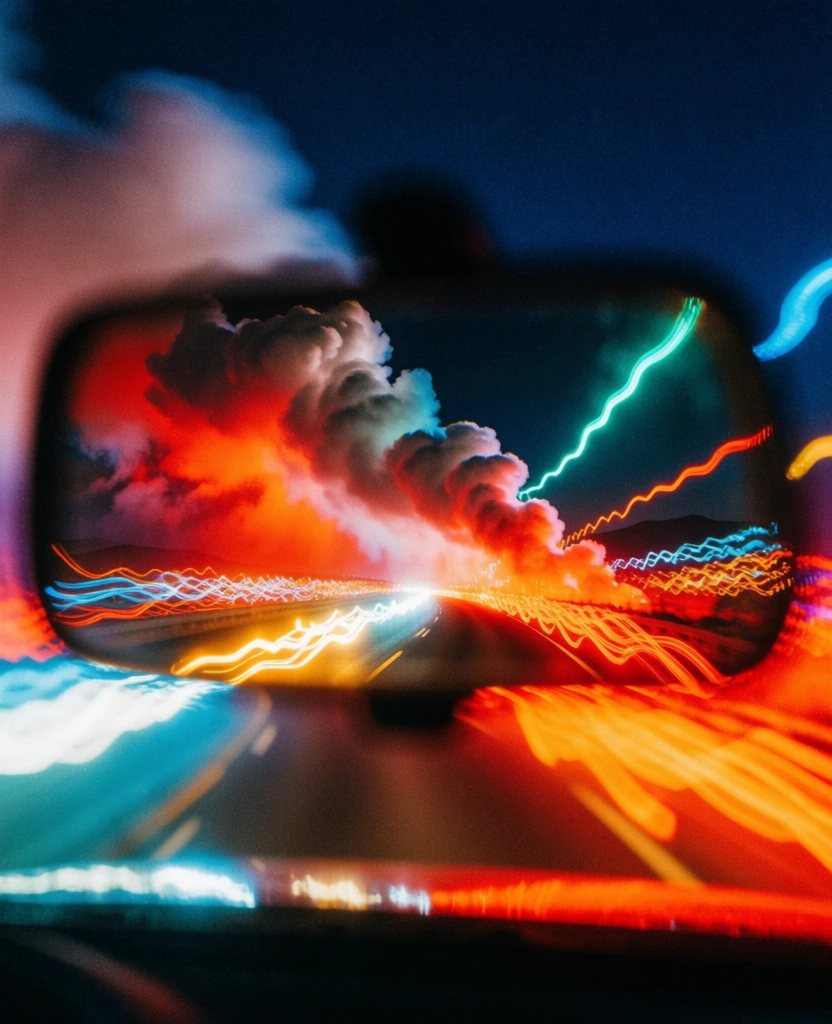 rearview mirror reflecting a dark highway with thick plumes of smoke, heavy motion blur with long exposure light painting effects, vibrant light trails of fiery orange and neon cyan, deep midnight blue background, high-contrast silhouettes, grainy film aesthetic, saturated reds and golden yellows, kinetic energy with psychedelic distortion, analog photography style, blurry light streaks, dynamic composition, glowing atmosphere, 35mm film grain, moody and experimental.
