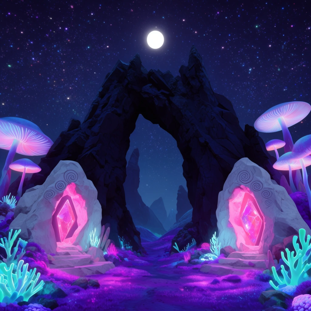 alien night landscape, towering dark jagged rock archway, starry sky with bright moon, glowing pink crystal portals inside pale rocks with carved spirals, bioluminescent giant mushrooms, neon cyan coral plants, glowing purple terrain, vibrant synthwave palette, deep blues and neon pinks, stylized 3D digital art, symmetrical composition