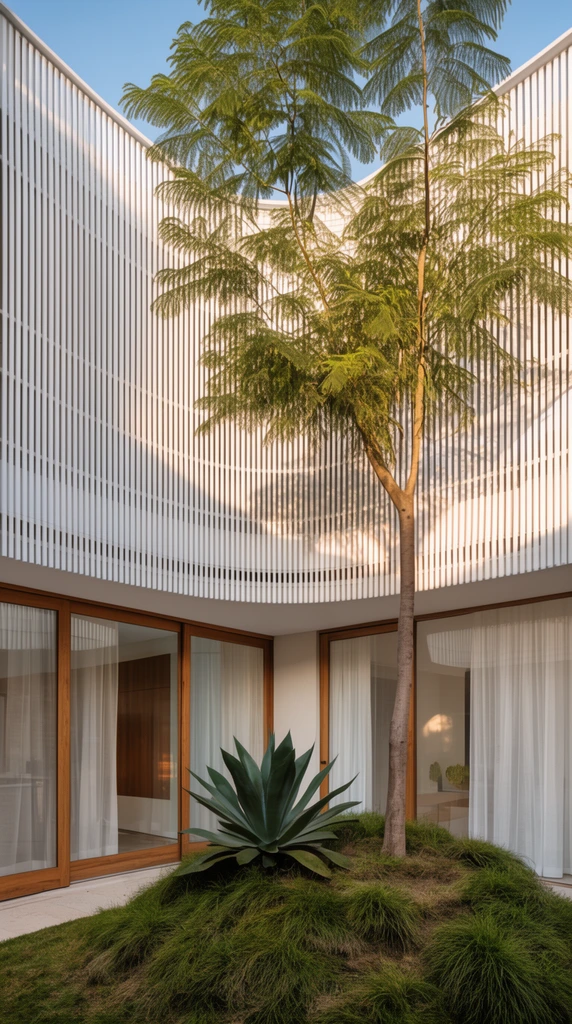 A modern curved courtyard building features a vertical slatted upper facade and wood-framed glass sliding doors below. A tall feathery tree grows from a landscaped grassy mound with a large agave plant, casting sharp shadows onto the white slats in warm afternoon sunlight. Sheer white curtains are visible inside the crisp architectural space.
