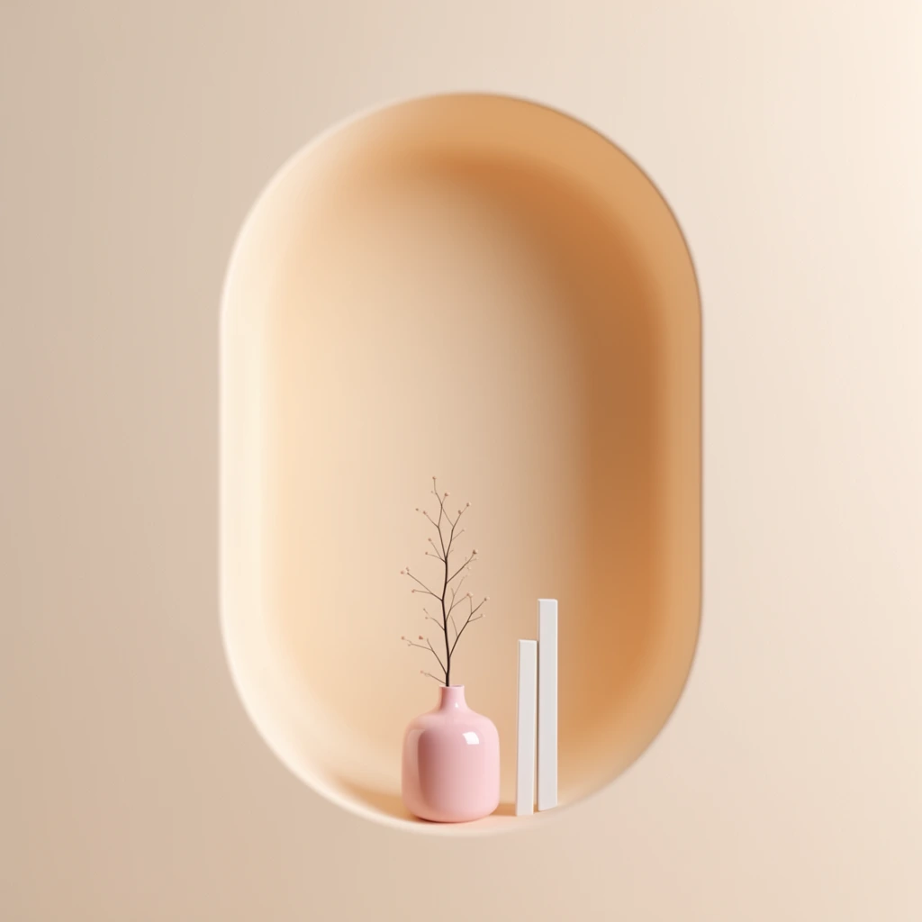 minimalist 3D rendering, large capsule-shaped recessed wall niche centered on a smooth matte cream-colored wall, small glossy pastel pink vase resting on the bottom inner ledge, thin delicate dark branch with tiny buds extending upward from the vase, two slender white rectangular blocks standing vertically beside it, warm monochromatic beige environment, soft diffused lighting creating gentle depth and glowing shadows inside the cavity, clean geometric composition, serene aesthetic, elegant negative space