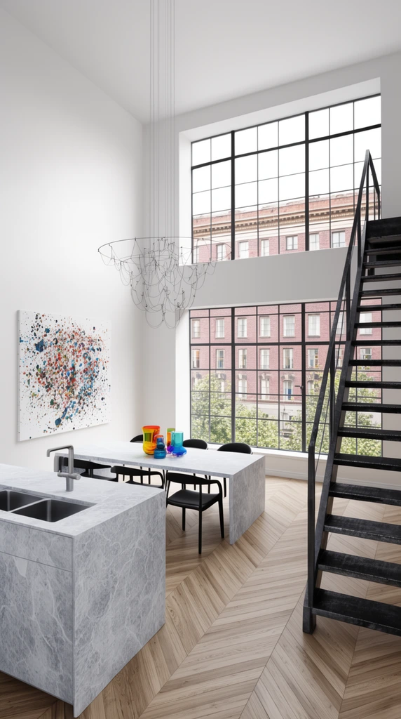 A bright modern loft features a light grey marble kitchen island and matching dining table surrounded by six black chairs. A delicate wire chandelier hangs from the double-height ceiling above colorful glass vessels. To the right, an industrial black metal staircase ascends over chevron wood floors. Expansive multi-pane windows reveal a classic red brick building and green trees. The photorealistic architectural rendering showcases crisp white walls and a large abstract splatter painting.