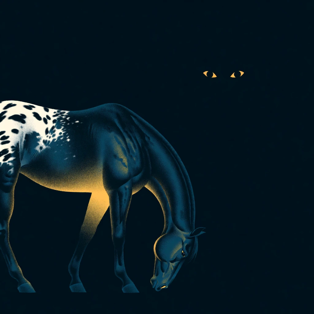 surrealist mid-century graphic illustration, appaloosa horse bowing its head, deep monochromatic midnight blue and teal palette, fine stippled pointillist texture defining muscle and characteristic coat spots, grainy vintage lithographic screen-print aesthetic, minimalist composition with expansive negative space, pair of glowing almond-shaped yellow eyes floating mysteriously in the dark void above the horse, ethereal and mystical mood, high-grain textured finish