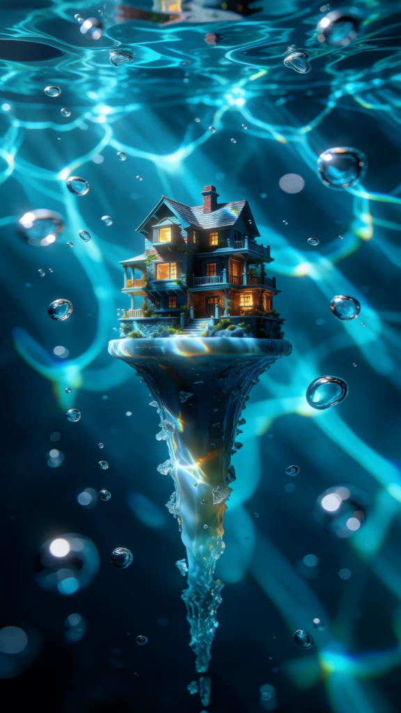 hyper-realistic architectural macro, multistory house on a funnel-shaped central pedestal, submerged in deep teal water, caustic light patterns dancing across architectural surfaces, floating air bubbles and crystalline droplets, serene ethereal atmosphere, cinematic lighting, vibrant cerulean and golden highlights, sharp focus, bokeh background of light rays piercing the surface, high-end cgi aesthetic, intricate textures, immersive and surrealistic composition