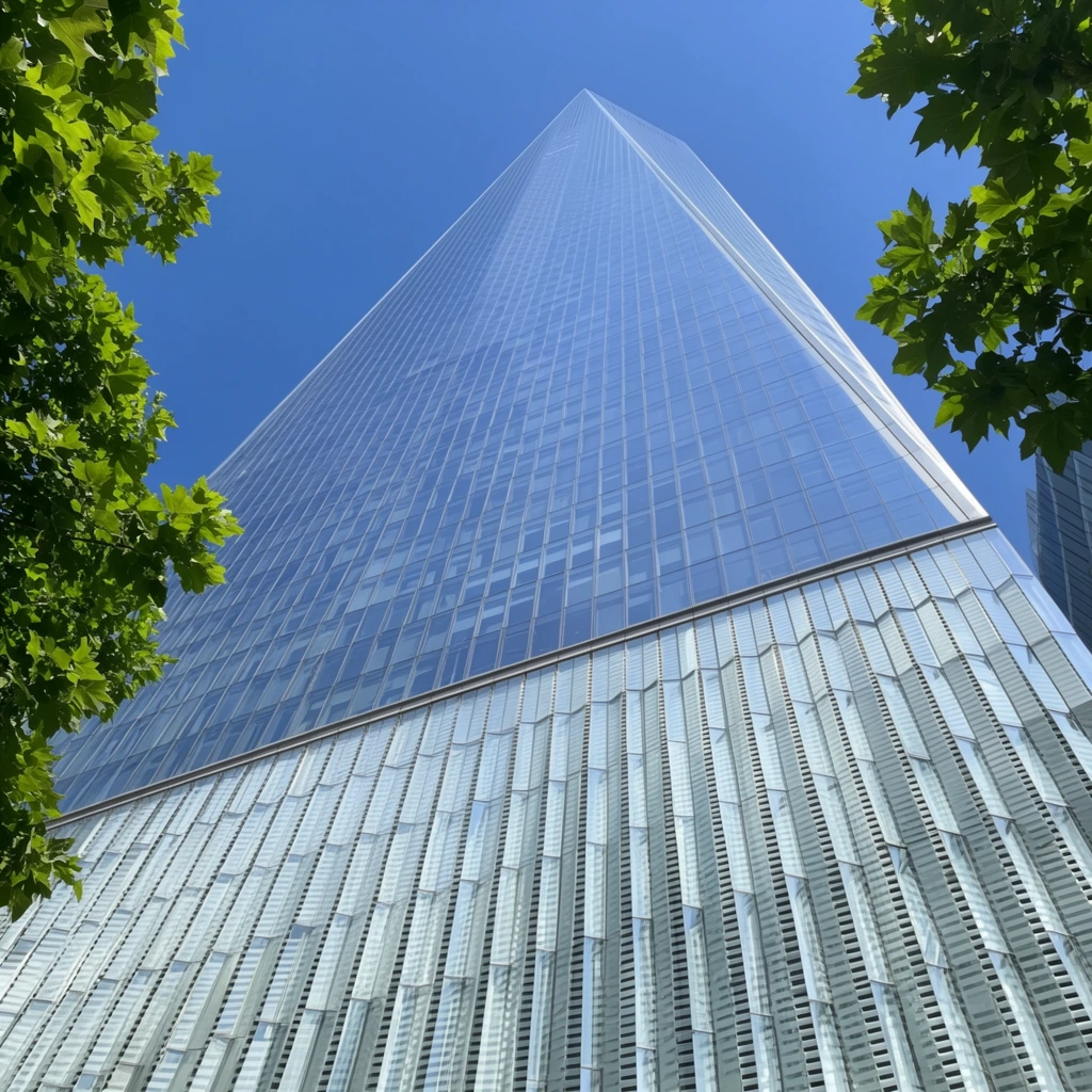 A towering glass skyscraper viewed from a dramatic low angle, tapering sharply to a geometric point against a clear blue sky. The building's base features a corrugated texture of vertical glass louvers, separated by a crisp horizontal seam from the smooth, reflective blue glass panes of the chamfered upper facade. Vibrant green tree leaves frame the composition at the corners, creating an organic contrast to the sleek architectural geometry. Shot in bright daylight, the extreme worm's-eye perspective emphasizes the monumental scale, converging vertical lines, and mirrored surfaces of the structure.