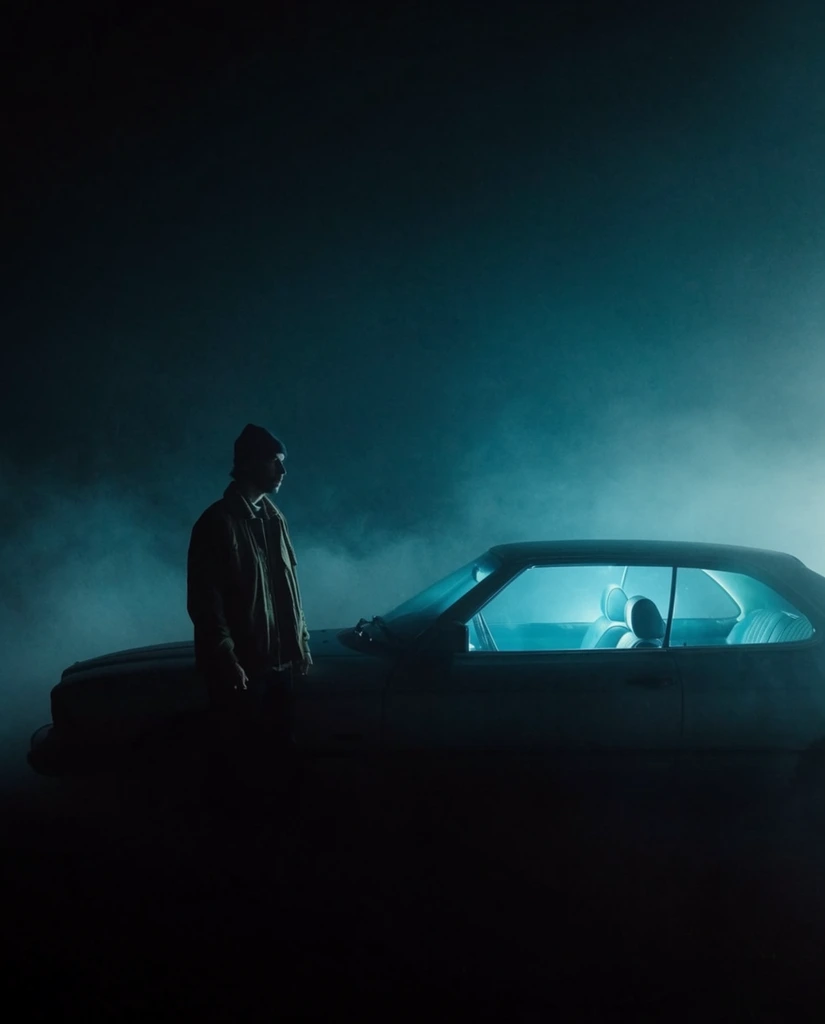 A lone figure stands beside a classic coupe engulfed in thick, teal-illuminated mist. Wearing a beanie and layered clothing, the man faces forward in profile near the driver's side. The car's lower half dissolves into pitch-black shadow while intense cyan light floods the cabin, highlighting the front seats. Deep darkness and dense volumetric fog swallow the surrounding environment. The cinematic, minimalist composition relies on stark silhouettes, dramatic chiaroscuro, and vast negative space dominating the upper frame.
