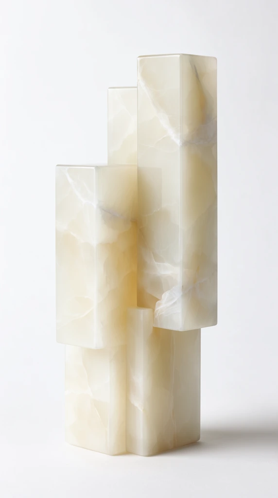 minimalist geometric sculpture of interlocking rectangular stone blocks, translucent pale cream onyx with subtle white veining, smooth polished finish, staggered vertical prisms, seamless white studio backdrop, soft diffused lighting, ethereal translucency, sharp architectural edges, modern luxury product photography