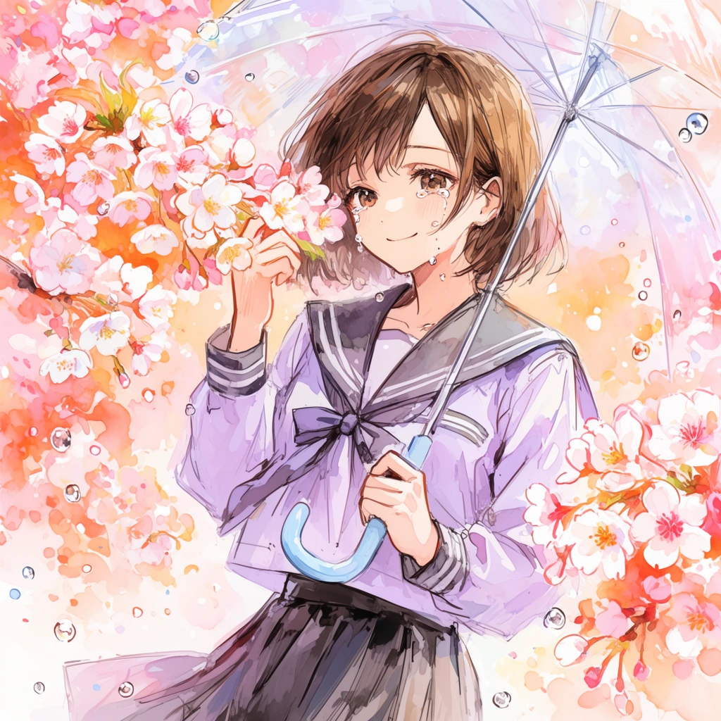 A vibrant digital watercolor illustration of a young woman with short brown hair smiling gently, delicate tears forming at the corners of her eyes. She wears a pale purple and dark grey sailor-style school uniform with a pleated skirt and a front ribbon. Holding a translucent umbrella with a light blue handle, she reaches up to touch a cluster of blooming cherry blossoms near her face. The ethereal composition is framed by abundant pink, white, and warm orange sakura flowers alongside floating translucent droplets, rendered with loose, expressive linework and a luminous pastel color palette.