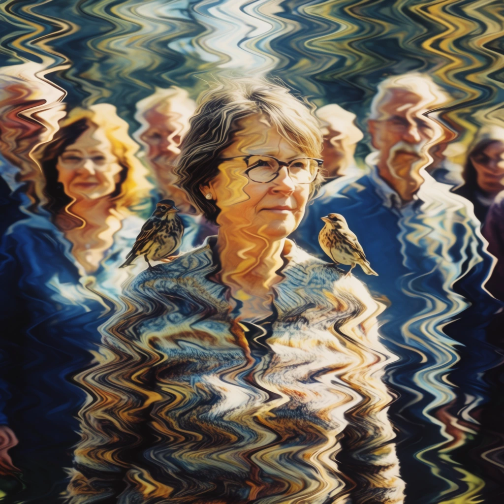 A woman with glasses and short hair wearing a patterned sweater stands in the center foreground with two small birds perched on her shoulders, set against a background crowd of men and women, all heavily abstracted by a pervasive, high-frequency ripple distortion effect. The entire composition is warped by uniform, zig-zagging horizontal waves that fracture the figures and the environment into undulating, sinuous lines. The surreal, digitally manipulated aesthetic closely mimics a heavy liquid displacement filter or a reflection on intensely disturbed water, blending the subjects into a vibrating, abstract tapestry. A high-contrast color palette defines the scene, dominated by deep oceanic blues, luminous golden yellows, earthy browns, and stark, creamy white highlights. Intense, glowing directional lighting creates sharp tonal shifts across the wavy textures, emphasizing the peaks and troughs of the overarching ripple effect applied uniformly across every visual element.