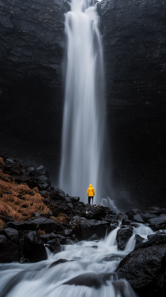 A towering waterfall plunges down a sheer, dark rock face, dwarfing a tiny human figure standing on wet boulders at its base. The solitary person wears a vivid yellow hooded jacket, facing the massive cascade. Long exposure photography renders the falling water and foreground stream with a smooth, silky texture flowing over jagged black stones. Patches of dormant brown grass cling to the lower left rocky slope. The moody, overcast lighting and dramatic vertical framing emphasize the stark contrast between the luminous white water, imposing dark cliffs, and the vibrant pop of yellow.
