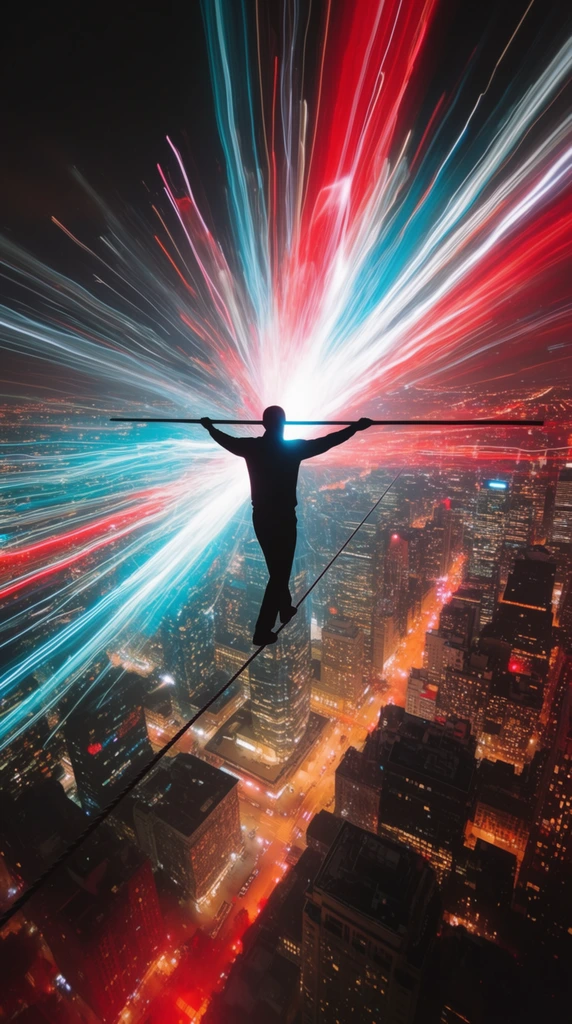 A silhouetted figure balances on a high-wire suspended above a dense nighttime metropolis, holding a long horizontal pole with outstretched arms. The dizzying aerial perspective plunges past the tightrope walker into a grid of towering skyscrapers glowing with warm orange and red streetlights. Erupting from behind the central figure is a massive, dynamic burst of long-exposure light streaks in vivid neon cyan, stark white, and deep red, piercing the dark sky. The surreal composition merges urban photography with vibrant light-painting, emphasizing intense altitude and kinetic energy.