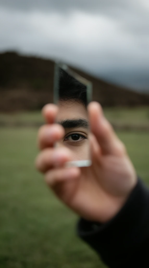 A sharply focused reflection of a human eye fills a small rectangular mirror shard held by an out-of-focus hand against a blurred outdoor landscape. Fingers grip the edges of the vertical glass piece. The reflection reveals dark hair, a prominent eyebrow, and a dark eye staring directly forward. The holding hand and dark sleeve cuff are heavily blurred in the foreground. The distant background is a soft bokeh of a muted green field, a dark earthen hill, and an overcast gray sky. Shot with extreme shallow depth of field, the composition creates a striking contrast between the crisp macro reflection and the soft moody natural environment.