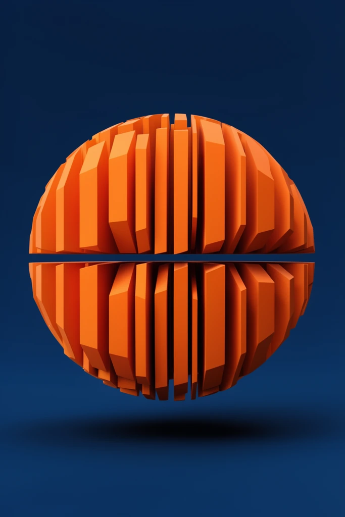 A vibrant orange, three-dimensional spherical structure composed of extruded vertical geometric blocks floats against a deep navy blue background. The abstract sphere consists of thick, vertical columns of varying widths that tightly align and curve at their outer boundaries to form a perfectly round silhouette. A thin horizontal gap bisects the structure into upper and lower hemispheres. These heavy, volumetric shapes feature sharp, jagged internal angles and cast deep inner shadows that emphasize their rigid depth. The hovering geometric object casts a soft, dark elliptical drop shadow directly beneath it, illuminated by strong overhead lighting that highlights the stark, complementary two-tone color palette and clean, minimalist 3D rendering style.