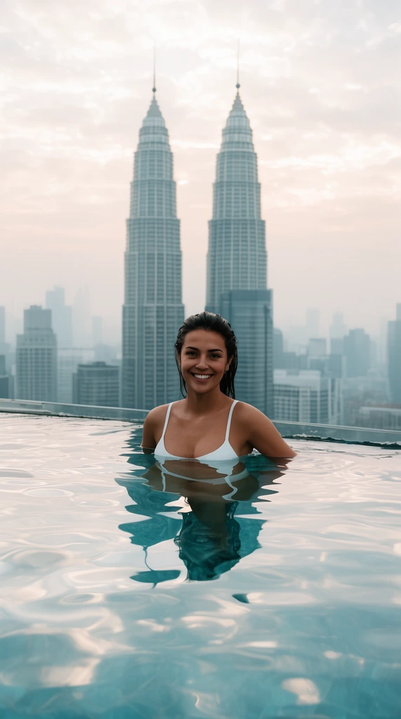 A smiling woman in a white bikini top stands chest-deep in a rooftop infinity pool. Behind her, a hazy, towering cityscape features prominent twin skyscrapers. Soft, diffused lighting illuminates the pale, cloudy sky, reflecting elegantly across the gently rippling water.