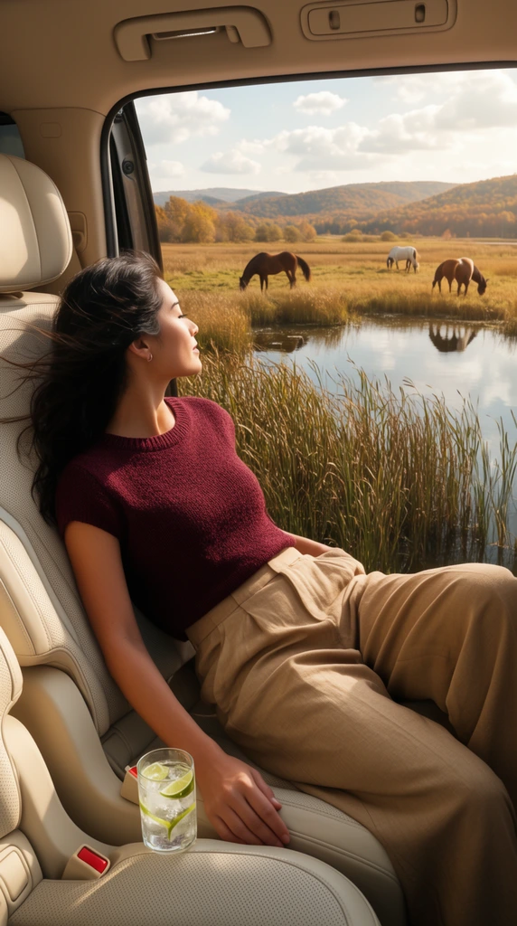 A woman reclines in the open doorway of a luxury vehicle, gazing peacefully at a serene marshland. Wearing a maroon knit top and loose tan trousers, she rests on perforated cream leather seats beside a glass of iced lime water. Her dark hair catches the breeze as she looks past tall reeds bordering calm, reflective water. Three horses graze in a golden meadow near rolling autumn hills under a bright cloud-speckled sky. Warm sunlight illuminates both the plush car interior and the expansive wilderness in this wide-angle cinematic lifestyle photograph.