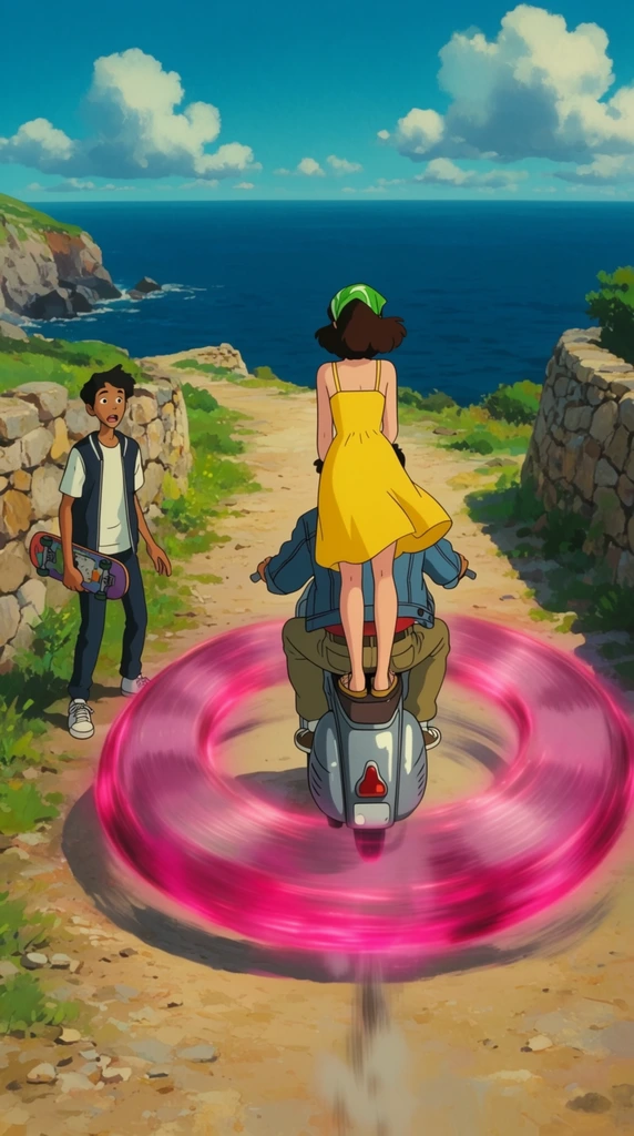 A young woman in a vibrant yellow sundress and green bandana stands on the back of a hovering metallic scooter driven by a young man in a denim jacket, speeding toward an ocean cliff. The scooter emits a massive, fast-spinning, translucent magenta energy ring that blurs the surrounding air. On the left side of the sunlit dirt road, a slender teenager in streetwear holding a skateboard watches with an amazed expression. The coastal path is flanked by rustic stone walls leading to a vast, deep blue sea under a clear sky with fluffy white clouds. The scene is rendered in a traditional 2D animation style featuring lush painted backgrounds, bright lighting, and highly saturated colors from a rear-tracking perspective.