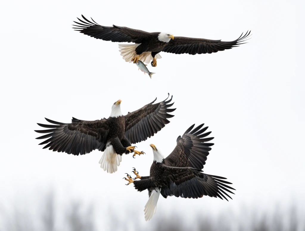 Three bald eagles in mid-flight against a stark white sky. The topmost eagle glides horizontally, clutching a small silver fish in its yellow talons, with dark wings spread wide and white tail fanned. Below, two eagles engage in an aerial dispute. The middle eagle banks backward, facing upward with fully extended wings and exposed talons. The lowest eagle ascends aggressively toward it, talons reaching. A faint, blurred gray tree line anchors the bottom edge of the high-speed wildlife photograph.