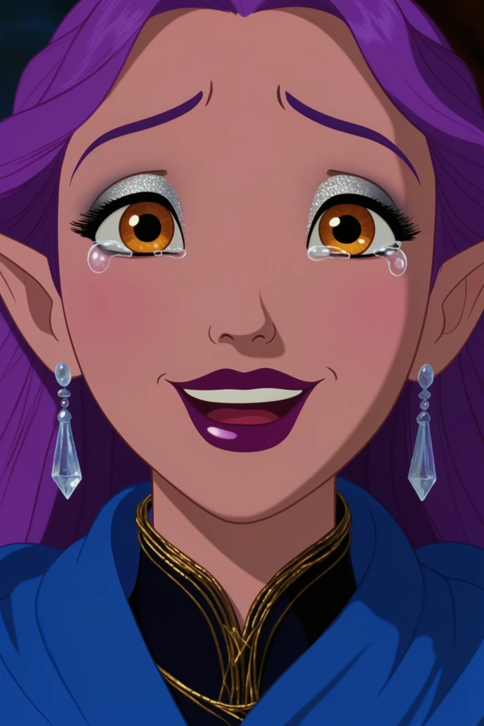 Extreme close-up of an elven woman in a vibrant 2D animated style, displaying an overwhelmed, tearful smile. Enormous amber eyes brim with tears, accented by shimmering silver eyeshadow and glossy plum lips. Violet hair frames her face, revealing pointed ears adorned with dangling crystal earrings. She wears a sapphire blue robe over a dark high collar trimmed in gold wire. Soft, flat lighting emphasizes the smooth, expressive cel-shaded features and the deep emotional resonance of the traditional animation medium.