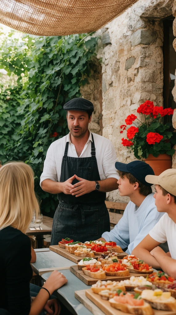 A man in a dark flat cap, white shirt, and dark canvas apron gestures while speaking to seated diners in a rustic outdoor patio. A blonde woman in a black top listens in the foreground, while two young men in casual hats observe from a table laden with wooden boards of assorted topped bruschetta. Lush green vines climb a textured stone wall beside a terracotta pot of bright red geraniums. Natural daylight filters through a woven canopy, highlighting the candid lifestyle composition, warm earth tones, and vibrant culinary accents.