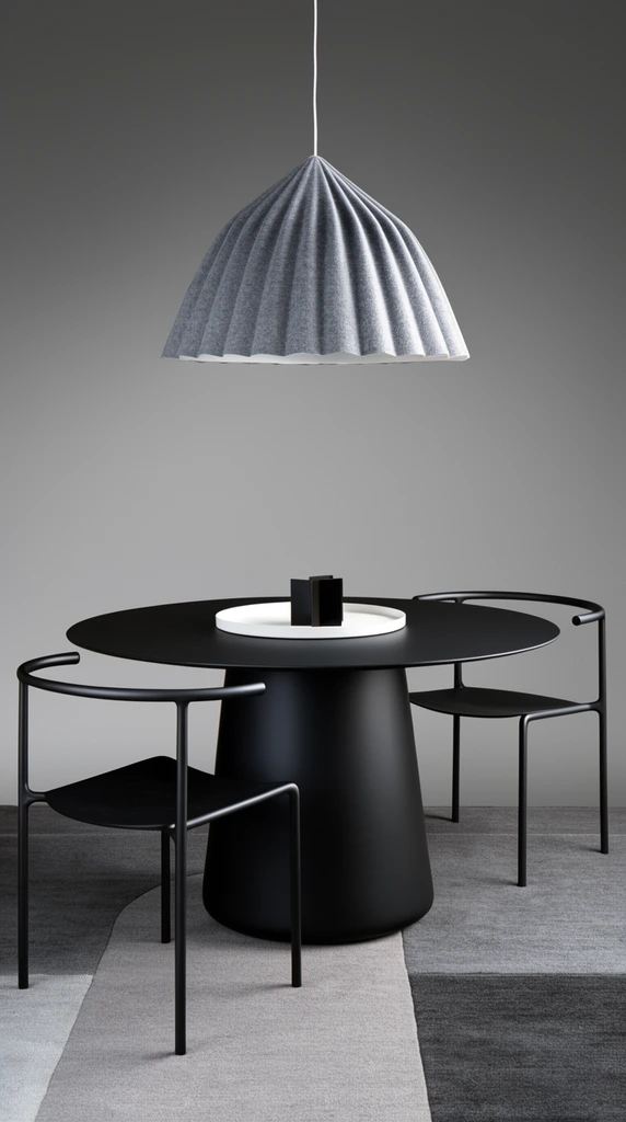 A pleated gray felt pendant lamp hangs above a matte black round dining table and two minimalist black metal chairs. A white tray with a black geometric object rests centrally. The furniture sits on a gray color-blocked rug against a smooth gradient gray wall. Diffused studio lighting emphasizes clean lines, matte finishes, and a monochromatic modern aesthetic.