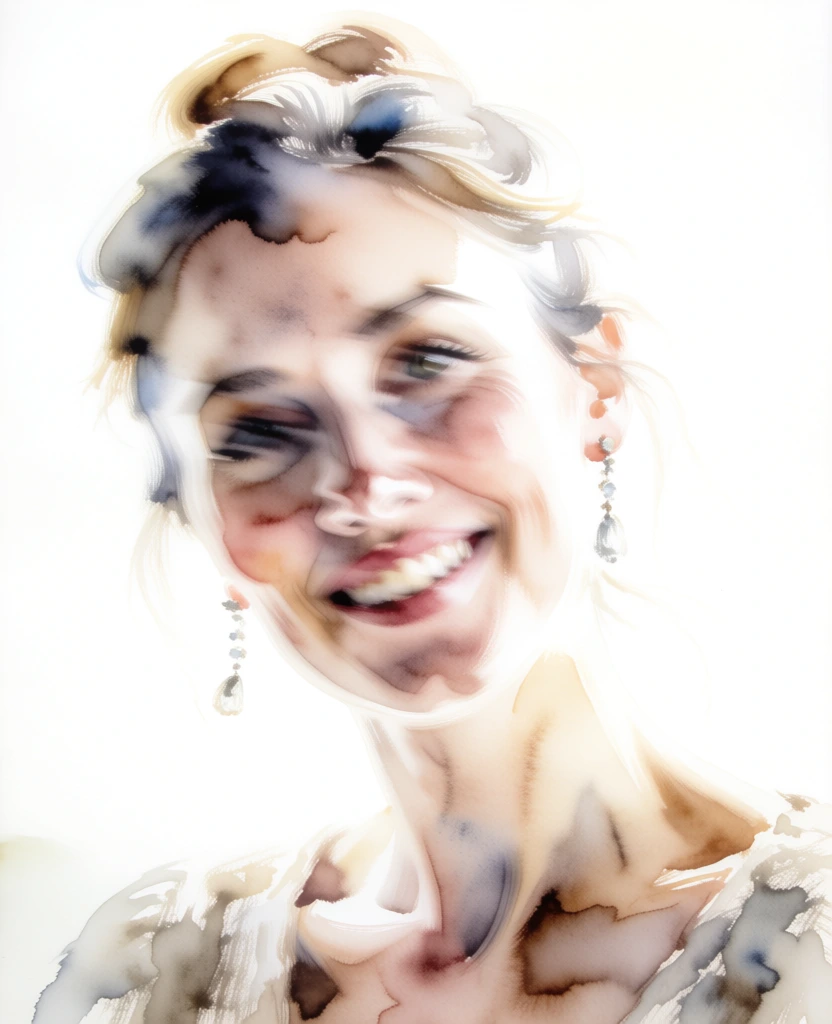 close-up of a woman's face filling the frame, hair pulled up, delicate drop earrings, a smile showing teeth, textured fabric on shoulders, rendered in an ethereal painterly style with heavy motion blur, features bleeding into a high-key white background, soft-focus dreamlike aesthetic, minimalist composition, light-drenched atmosphere with watercolor qualities, fluid transitions between forms, indistinct hazy background, maintaining a soft abstract motion-blurred quality.