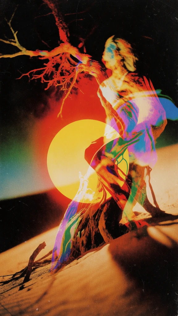 1970s psychedelic experimental photography, double exposure composition, extreme high contrast, warm orange and red palette, grainy analog texture, a central glowing yellow sun, gnarled tree roots and trunks emerging from a sandy slope, deep black shadows creating a graphic silhouette, low-key dramatic lighting, framed by a thin geometric border of flat blue, purple, and green, surrealist aesthetic, saturated hues, retro film grain, vintage album cover style, high-grain film stock
