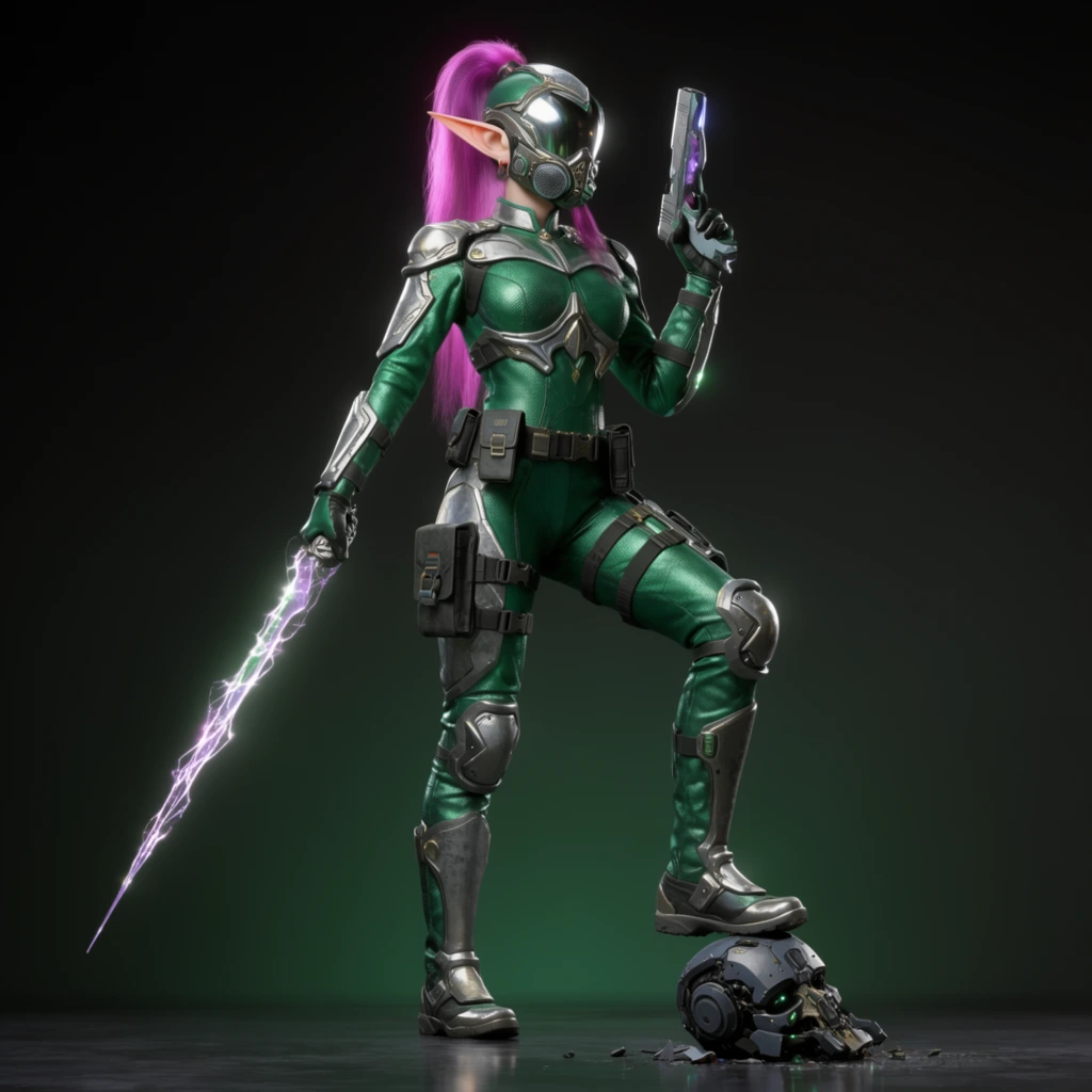 A cyberpunk elven assassin in an emerald green and silver armored bodysuit stands dynamically with one foot pinning down a smashed cybernetic drone skull. A glowing magenta ponytail cascades from her helmet, which features a mirrored visor and metallic respirator. Her textured suit includes heavy silver plating, a utility belt, and knee pads. She holds a crackling energy blade pointing downward in her right hand and rests a sleek energy pistol near her left shoulder. The full-body studio portrait is set against a dark backdrop with a subtle green gradient. Cinematic edge lighting emphasizes the intricate metallic textures and reflects off the dark glossy floor.