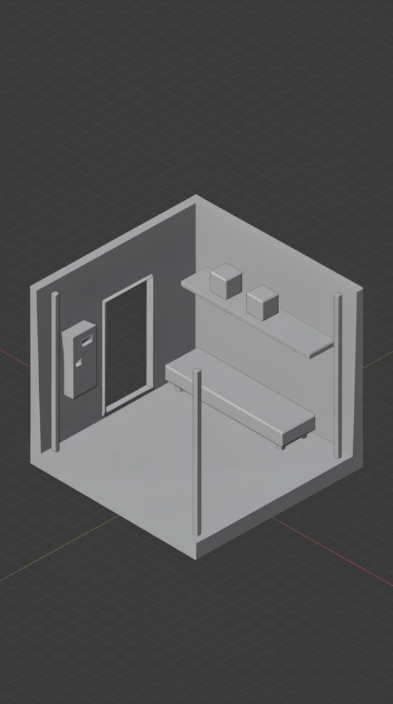 isometric 3D room block-out, untextured monochromatic gray geometry, open doorway, long rectangular bench, shelf with two cubes, wall-mounted unit, thin vertical pillars, dark background with faint isometric grid, minimalist architectural staging, flat shading, low-poly primitive shapes