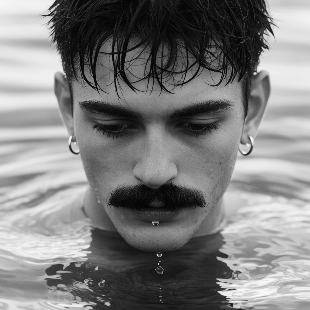 black and white close-up portrait of a young man with a thick mustache submerged in water, wet hair, silver hoop earrings, water drop on chin, downward gaze, rippling water, soft natural light