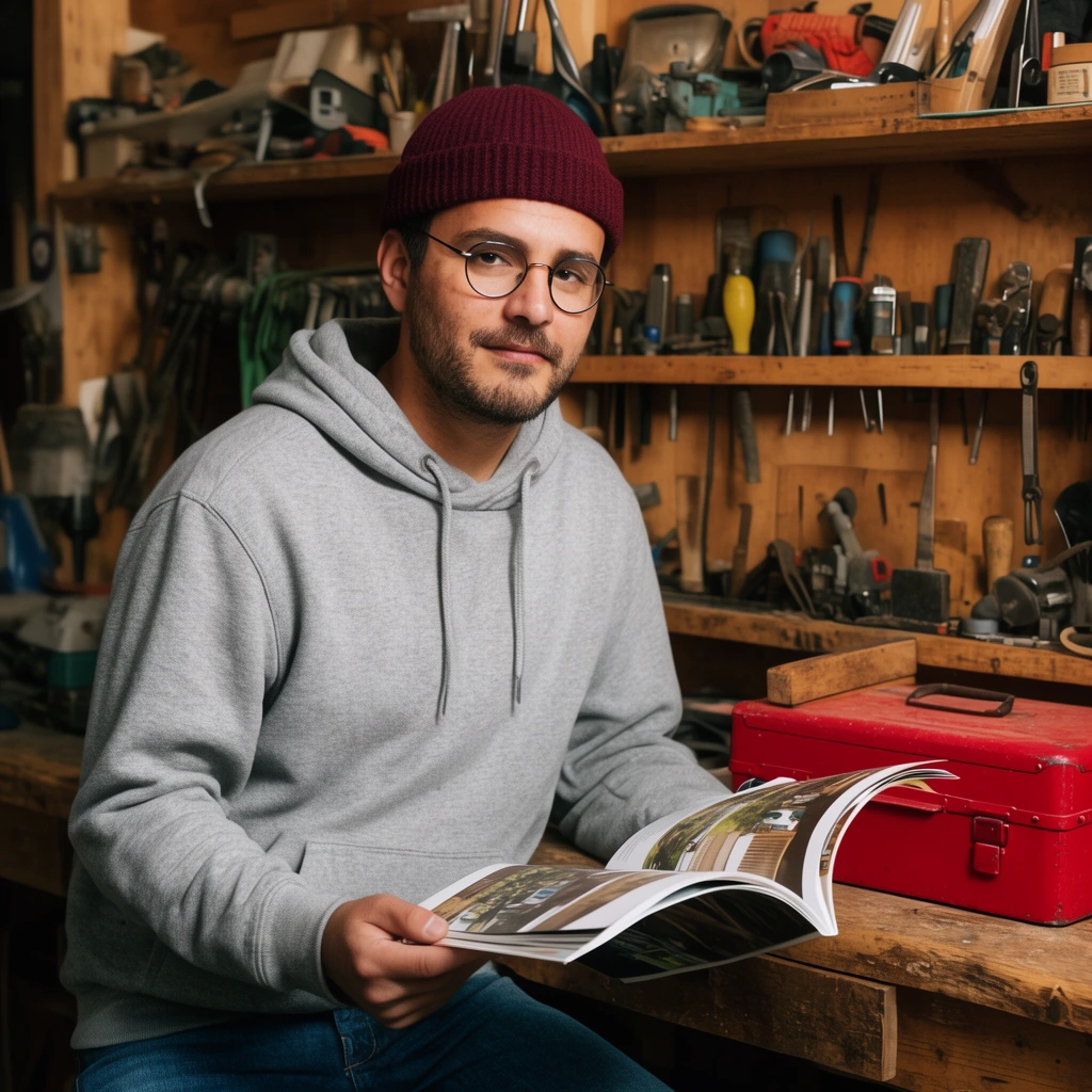 A man in a maroon beanie, round glasses, and grey hoodie sits at a wooden workbench holding an open magazine. He is surrounded by a cluttered workshop featuring wooden shelves packed with assorted tools. A red metal storage case sits on the desk. Warm environmental portrait photography.