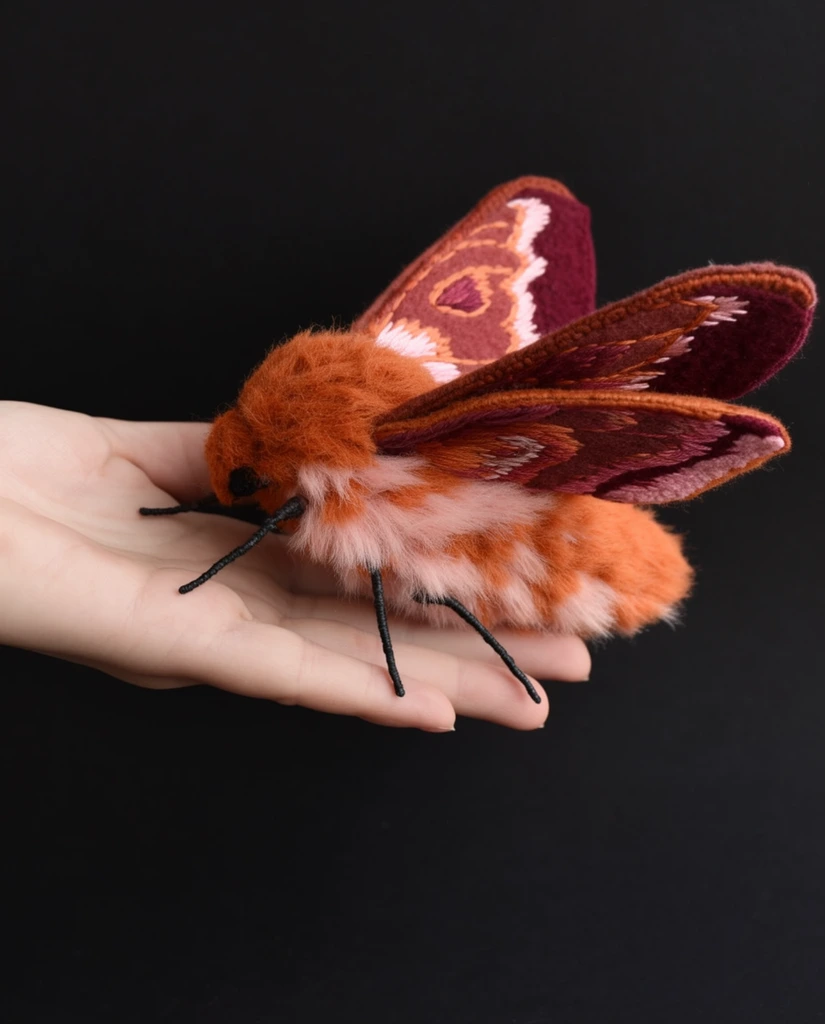 A large, meticulously crafted soft sculpture moth rests gently on an open human hand against a stark black background. The oversized insect features wings made of textured felt and tight embroidery in rich shades of maroon, rust orange, and pale pink. Its thick, voluminous body is covered in dense, fluffy orange and pale pink faux fur, giving it a highly tactile appearance. Thin, black, wire-like legs grip the pale skin of the outstretched fingers. The hand extends from the left edge into the center of the frame, surrounded entirely by a solid black void that perfectly isolates the subject. The close-up, high-contrast composition emphasizes the intricate textile materials and lifelike scale. Soft directional lighting illuminates the fuzzy textures and rich earthy color palette, creating an intimate juxtaposition of handmade art and anatomical realism.