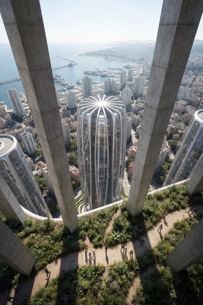 Extreme high-angle view through towering concrete pillars, elevated garden path with small human figures, futuristic cylindrical glass skyscraper with starburst roof, dense coastal city and harbor background, bright daylight, photorealistic architectural rendering
