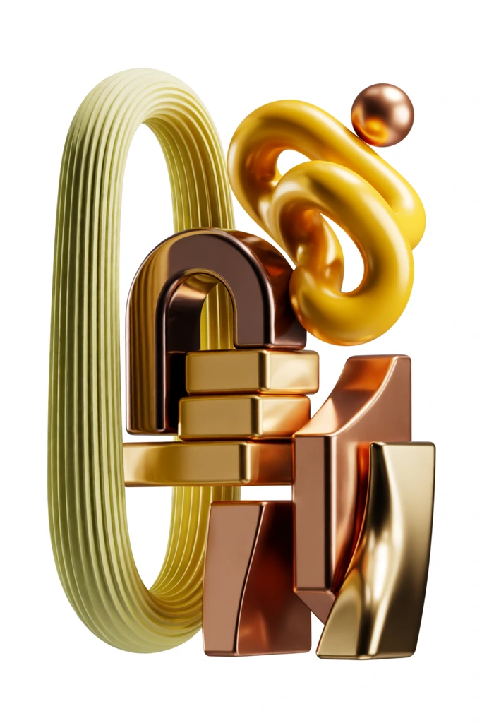 An abstract 3D sculptural assemblage of mixed metallic forms isolated against a pure white background. Dominating the left is a towering, elongated open loop made of pale yellow-green material with deep, parallel vertical ridges. Nestled beside it are interlocking, glossy shapes: a dark brown, polished architectural arch resting above a horizontally tiered golden block. Above them, a vibrant yellow-gold, pipe-like structure twists elegantly into a fluid knot next to a small copper sphere. The lower right features a cluster of freestanding angular and curved geometric shapes in reflective copper, bronze, and polished gold. The high-definition 3D rendering uses stark studio lighting to emphasize the varied specular highlights, subtle drop shadows, and gleaming material textures.