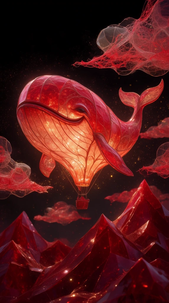 A smiling whale-shaped hot air balloon constructed from delicate, translucent ruby-red glass and glowing organic membranes floats above angular mountains and scattered clouds against a pitch-black sky. The massive, buoyant whale form features a distinct curved smile and is built from gossamer, vein-laced structural layers that emit an intense, fiery orange and gold luminescent glow from its core. Below, jagged, sharp-edged mountain peaks arise from the darkness, formed of glossy, deep-crimson crystalline material with bright specular highlights catching along their geometric ridges. Surrounding the balloon, the scattered clouds manifest as ethereal, diaphanous webs of stretched red spun sugar and delicate, overlapping translucent structures. The high-contrast scene is heavily saturated in rich reds and glowing ambers, illuminated entirely by internal light sources and filled with floating, sparkling gold dust particles and microscopic glowing light flares.