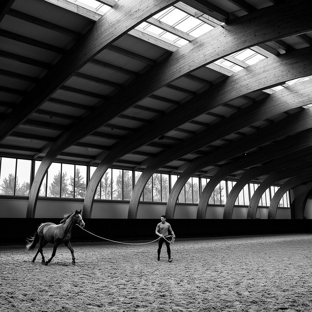 A black and white photograph captures a man lunging a horse in a cavernous indoor riding arena. The horse moves mid-stride on the left, tethered by a long, sweeping lunge line to the man standing centrally on the textured sand arena floor. Dramatic architectural scale is established by massive, curving wooden beams arching across the ceiling beneath continuous skylights. High-contrast natural light illuminates a long row of windows framing silhouetted exterior trees, while a dark lower kickboard creates deep, converging leading lines that emphasize the vast perspective.