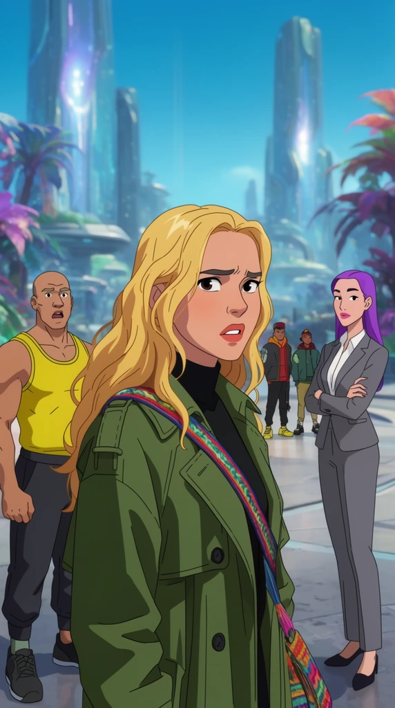 young adult woman with long wavy blonde hair, green trench coat over a black turtleneck, looking over her shoulder with a concerned expression, colorful woven strap across her chest, muscular bald man in a yellow tank top looking surprised, tall slender woman with purple hair in a grey business suit with arms crossed, two distant figures in streetwear behind the group, futuristic sci-fi city promenade, glowing monolithic structures, clear bright azure sky, alien palm flora, 2D animated cinematic style, vibrant colors, shallow depth of field, blurred background, crisp line art, cel shading