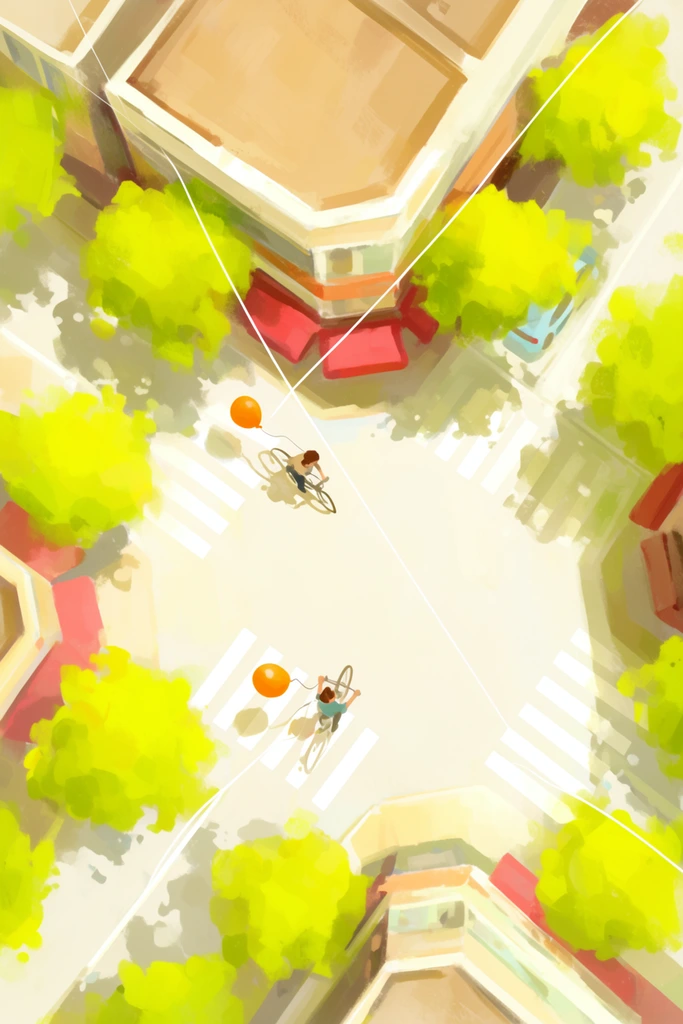 top-down aerial view of a sunlit city intersection, impressionistic digital painting, loose brushstrokes, two figures on bicycles traversing a crosswalk, trailing bright orange balloons, vibrant chartreuse tree canopies casting dappled shadows on pale pavement, corner buildings with tan roofs and red awnings, thin white intersecting lines superimposed on the scene, high-key warm lighting, geometric street layout contrasting with soft organic foliage