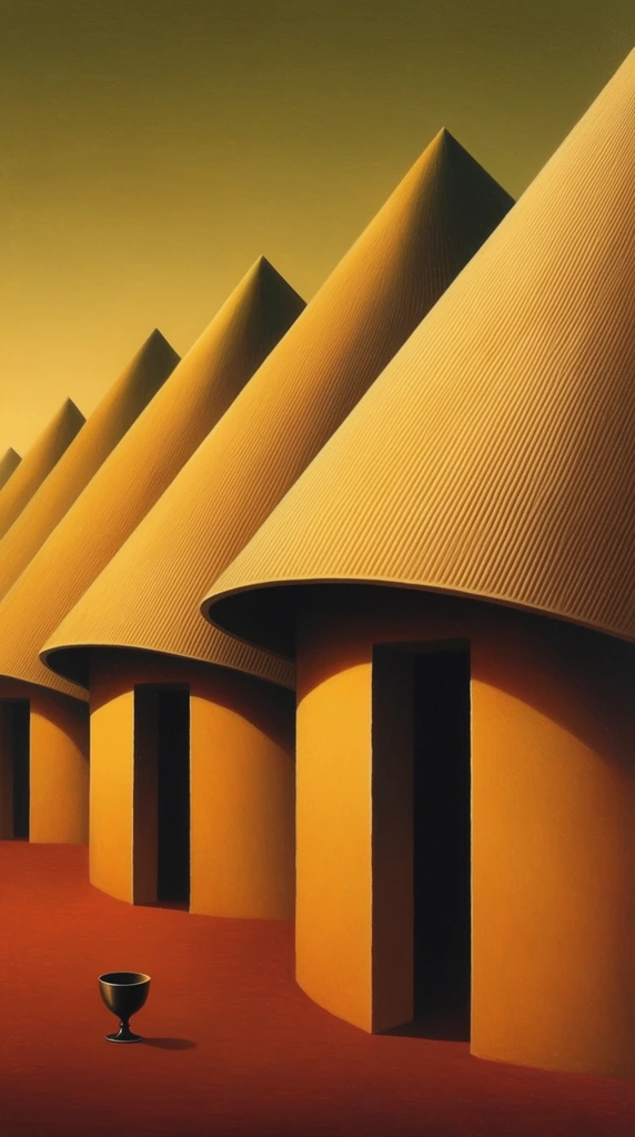 A row of geometric huts with sweeping, finely striated conical roofs recedes into the distance under radiant, warm lighting. The curved ochre walls feature sharply recessed dark doorways. A solitary dark chalice rests on the smooth reddish ground in the foreground. The artwork utilizes a surreal, precisionist painting style with striking golden and olive color gradients.