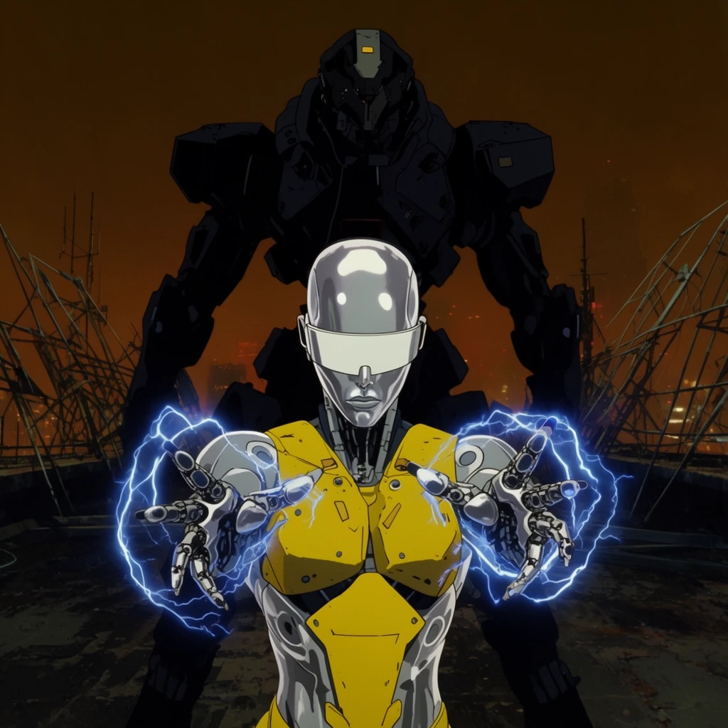 A silver-skinned cyborg in a sleek white visor and yellow armor extends mechanical hands forward projecting crackling blue lightning arcs. Behind them stands a towering android clad in a heavy black mecha suit. They are positioned on a grimy cyberpunk rooftop against a smog-choked orange night sky framed by jagged metal antennas, rendered in a dramatic cel-shaded animation style with sharp contrast.