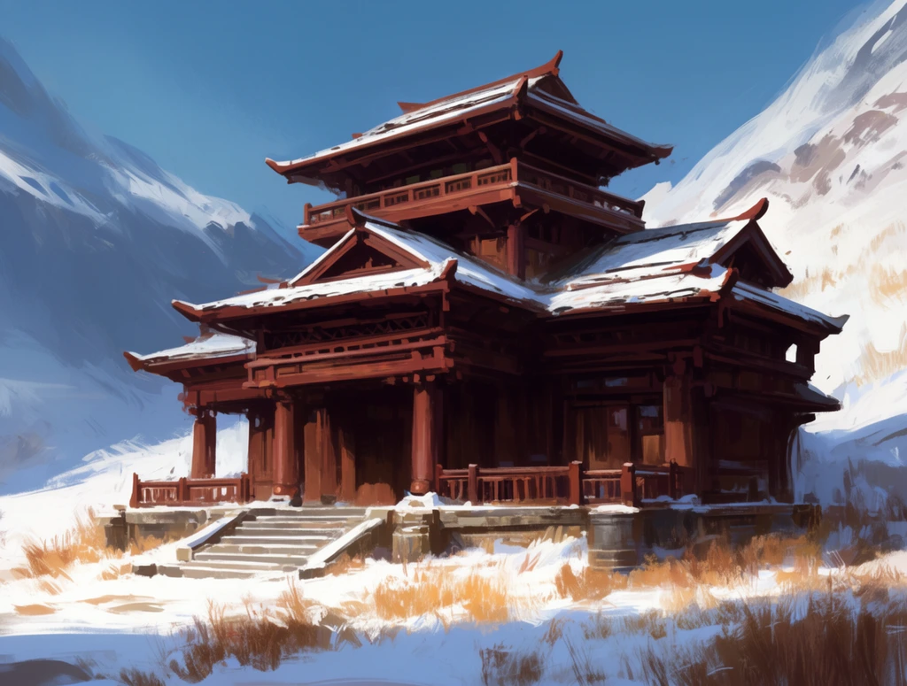A multi-tiered wooden building with East Asian-inspired architecture stands in a snow-covered mountain landscape. The dark reddish-brown timber structure features snow-dusted sloping roofs with upturned eaves, wide balconies, and heavy wooden pillars. A stone staircase leads to the entrance, surrounded by patches of dry golden-brown winter grass in the white snow. Massive snow-capped mountain slopes rise against a clear blue sky in the background. The digital painting utilizes loose, expressive brushstrokes and strong directional sunlight, creating striking contrast between warm structural earth tones and cool atmospheric blues.