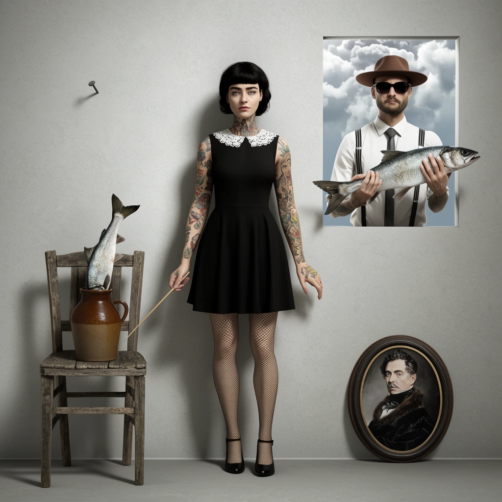 A surreal 3D render of a stark grey room centered on a standing woman with heavily tattooed limbs, fishnet stockings, and a black dress with a white lace collar. She holds a thin wooden wand. Beside her, a rectangular wall opening frames a man against a cloudy sky, wearing suspenders, a brown hat, and sunglasses, holding a large fish. On the left, a weathered wooden chair holds a brown ceramic jug with a second fish diving headfirst inside. An oval framed historical portrait rests on the floor, and a solitary nail protrudes from the plain wall, enhancing the bizarre composition lit by sharp studio lighting.