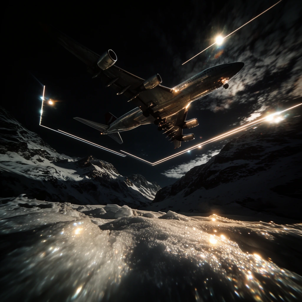 A four-engine airplane flies prominently in the sky above rugged, snow-covered mountains, captured from an extreme low-angle, worm's-eye perspective using an ultra-wide-angle lens. The massive aircraft dominates the upper frame, its metallic underside reflecting intense, warm highlights against a deeply shadowed, pitch-black environment. The cinematic night photography aesthetic features stark, high-contrast directional lighting, generating deep shadows and brilliant, glowing specular reflections on the heavily textured, icy snow dominating the immediate foreground. Luminous geometric line shapes and textured clouds stretch across the dark sky, emitting bright, pinpoint light sources with distinct lens flares and halation. The extreme wide-angle focal length introduces pronounced barrel distortion, bending the peripheral edges of the mountain peaks and the luminous geometric lines to create a dramatic, converging perspective with a gritty, high-definition visual fidelity.